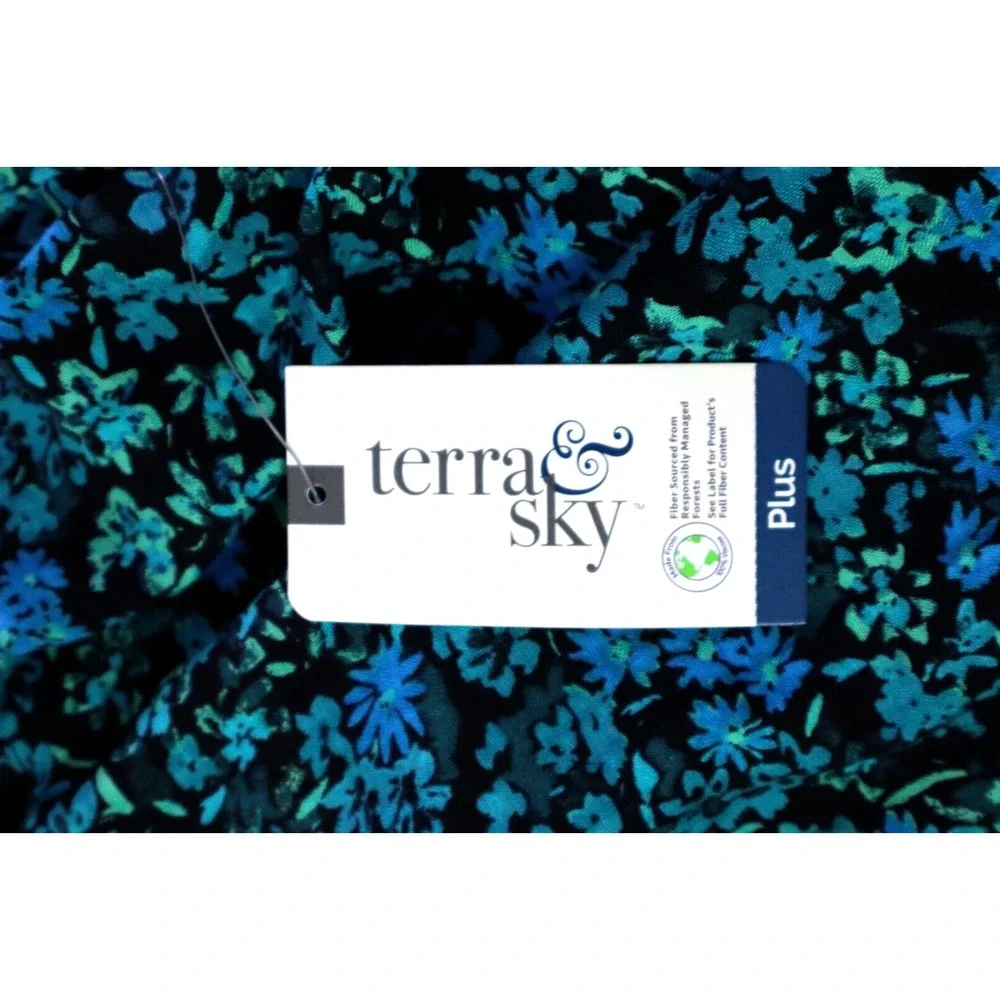 Terra & Sky Women's 3X Dress Blue Floral Cottagecore‎ Peasant Spring Drape NWTs